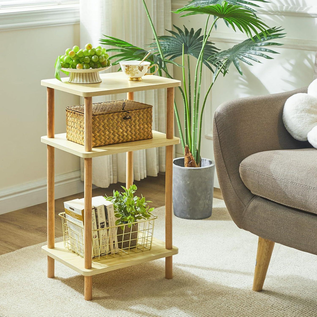 Beistelltisch Holz Nachttische 3 Ebenen 39x29x68.5cm Modernes Design Natürliche Optik