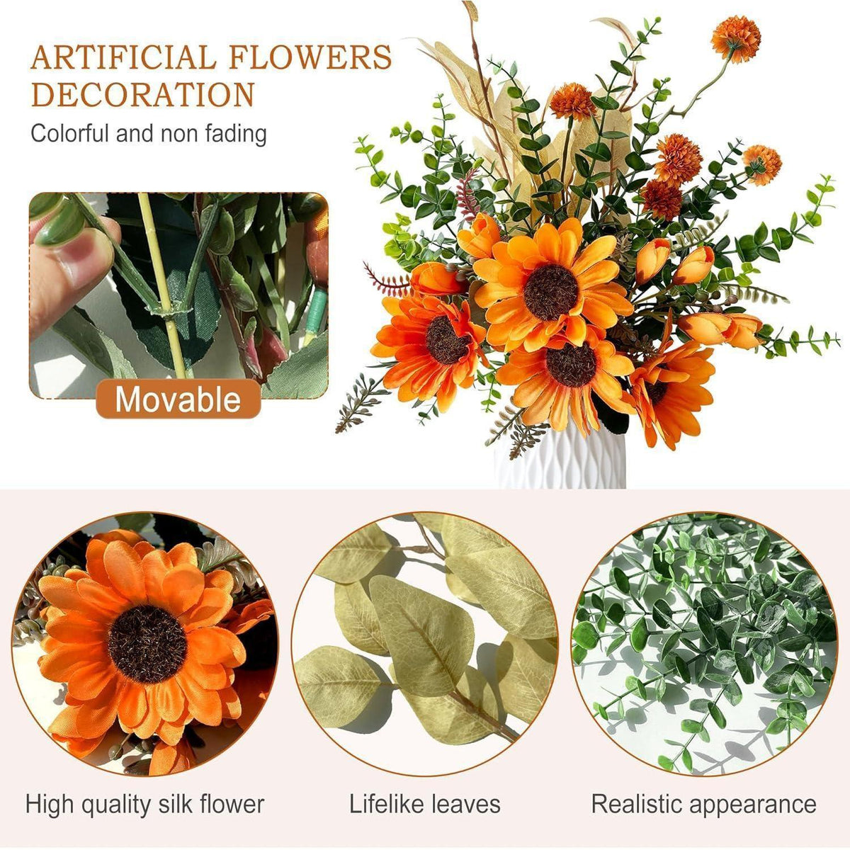Künstlicher Sonnenblumenstrauß mit Eukalyptus und Herbstblumen 32cm Orange Grün