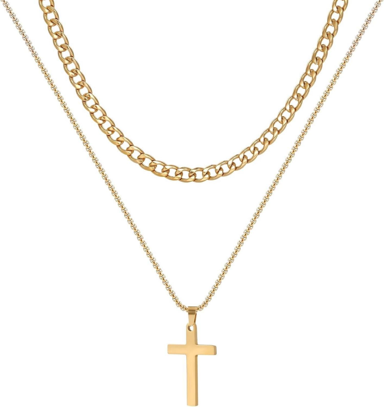 2-teilige Herren Halskette Kreuz Anhänger Kubanische Kette Set