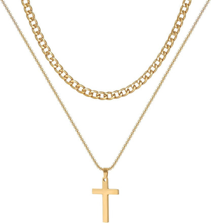2-teilige Herren Halskette Kreuz Anhänger Kubanische Kette Set