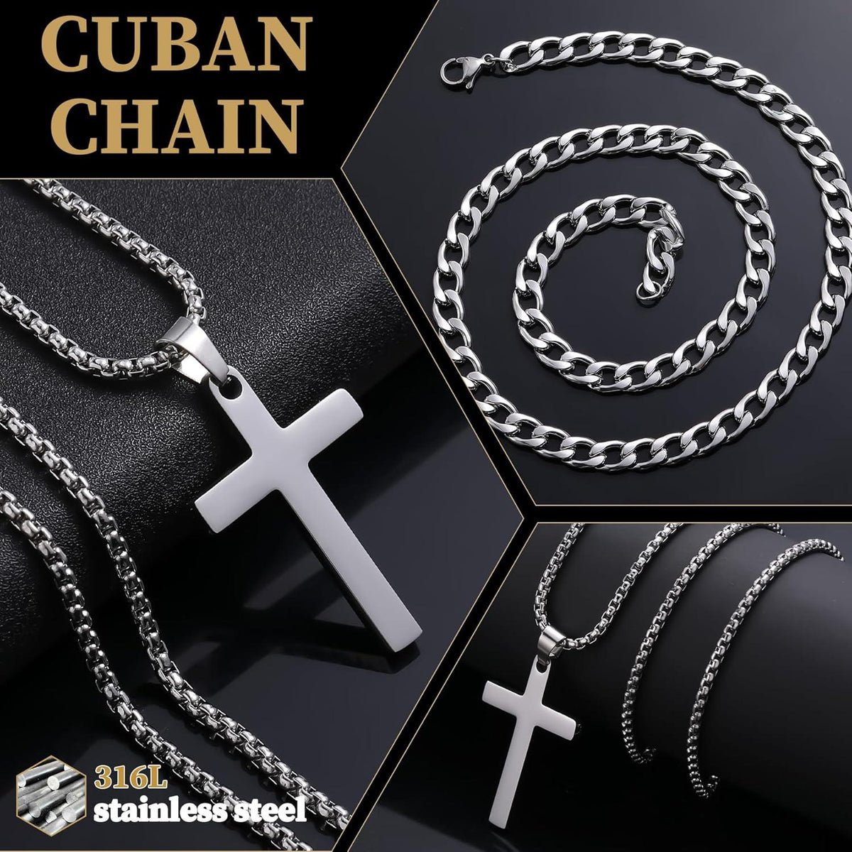Herren Kreuz Halskette Set Edelstahl Kubanische Kette Geschenk