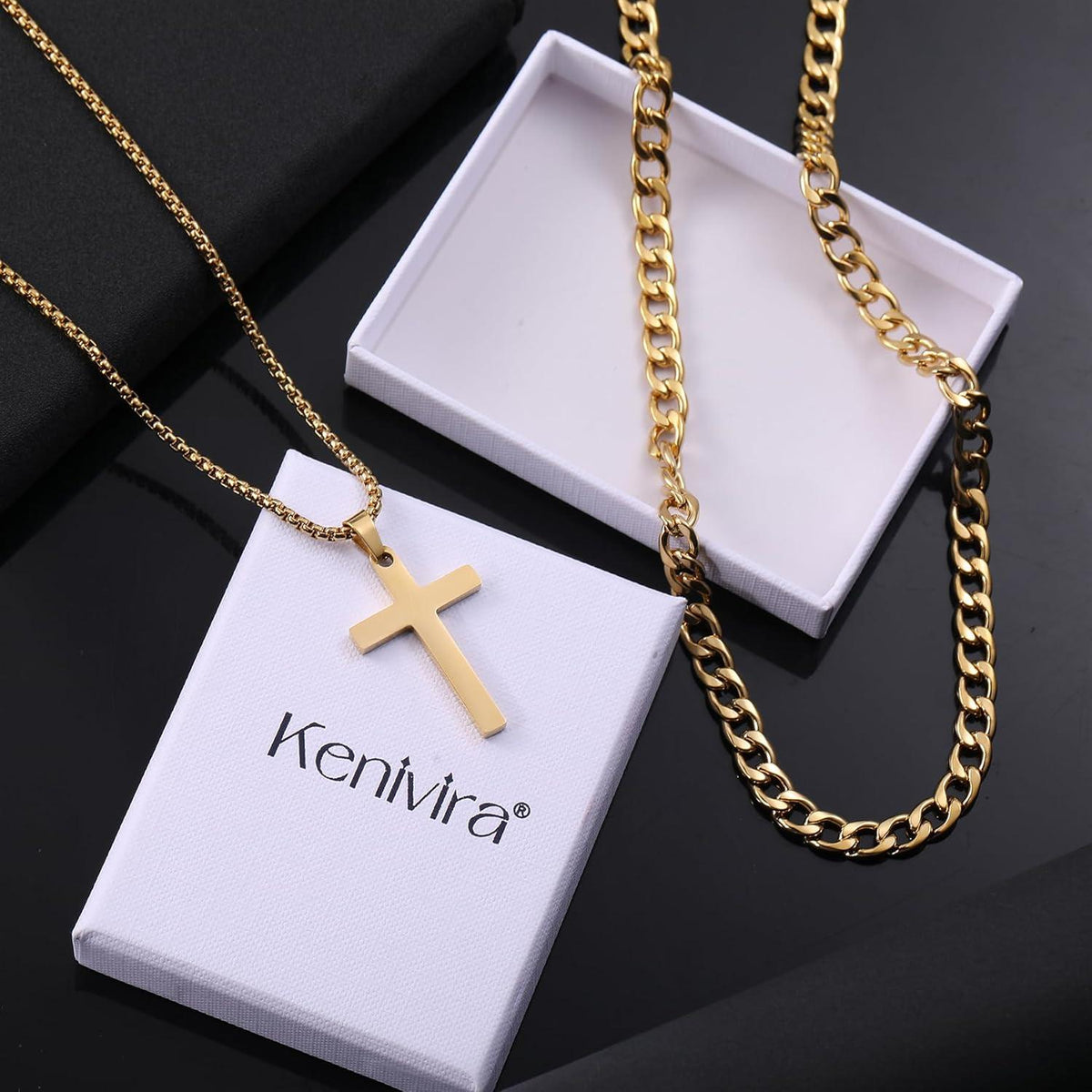 2Pcs Herren Kreuz Kette Halskette Set Silber Gold Schwarz 40cm/45cm