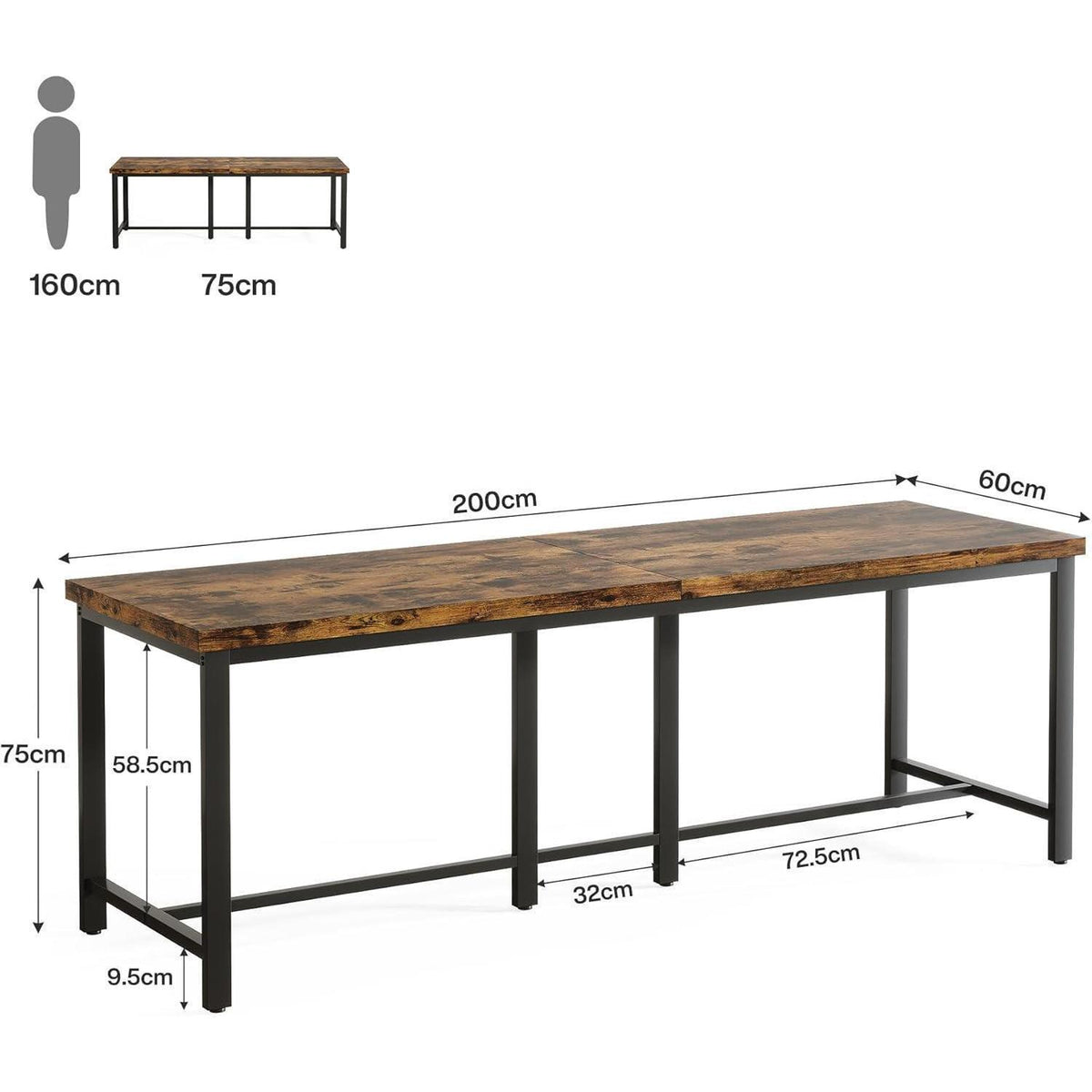 Extralanger Doppelschreibtisch 200cm – Industrie-Design für Homeoffice
