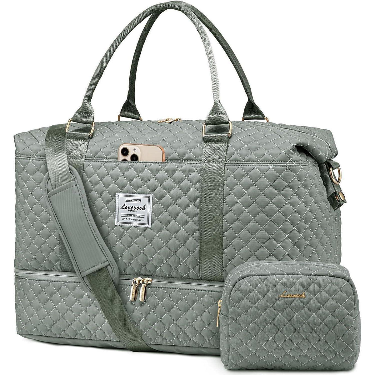 Große Reisetasche Damen mit Schuhfach & Kosmetiktasche Grau Grün