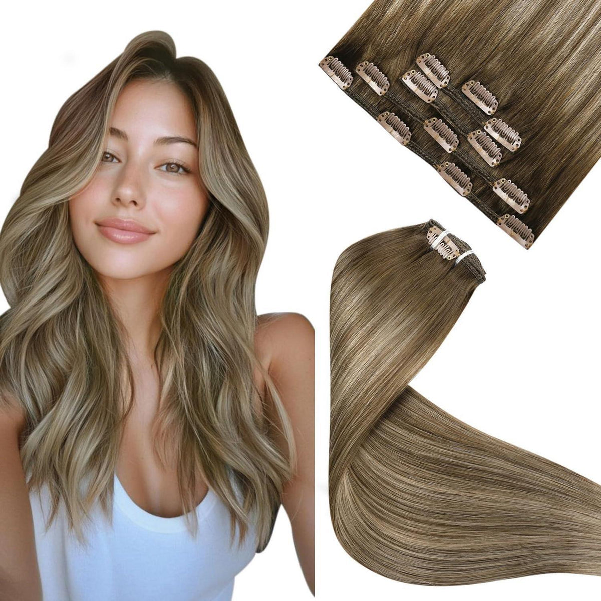 Echthaar Clip-in Extensions Braun Balayage 50cm