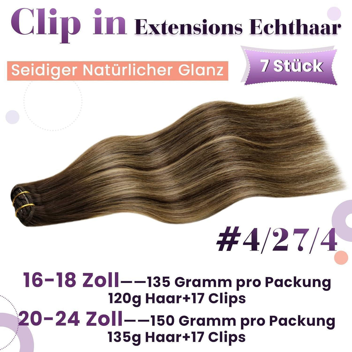 Echthaar Clip-In Extensions Balayage Dunkelbraun Karamellblond