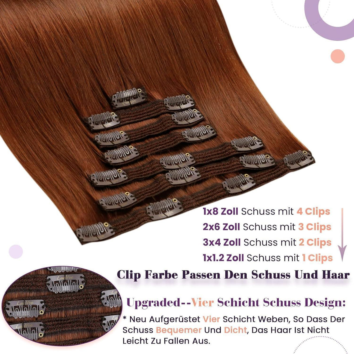 Echthaar Clip-in Extensions Rotbraun 40cm