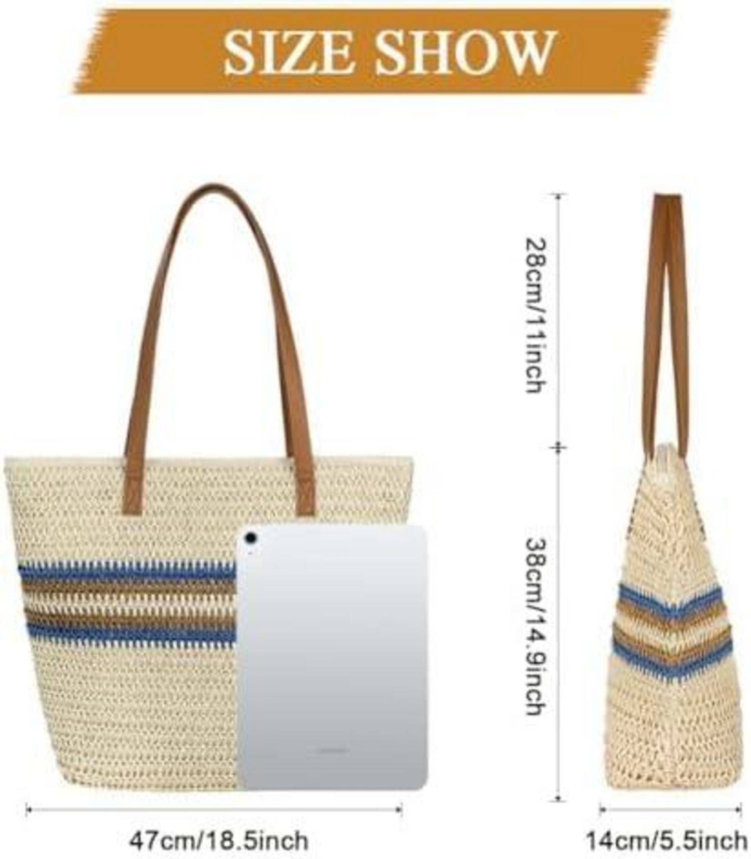 Strohtasche Damen Sommer Reißverschluss Schultertasche