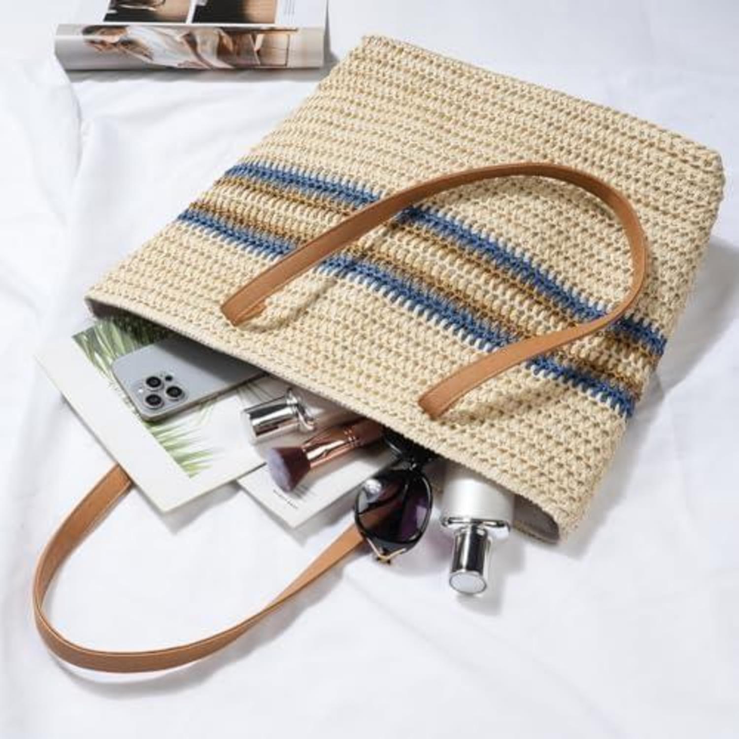 Strohtasche Damen Sommer Strand Umhängetasche Reißverschluss