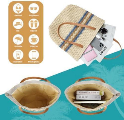 Strohtasche Damen Strandtasche Stroh Handtasche Ledergriffe