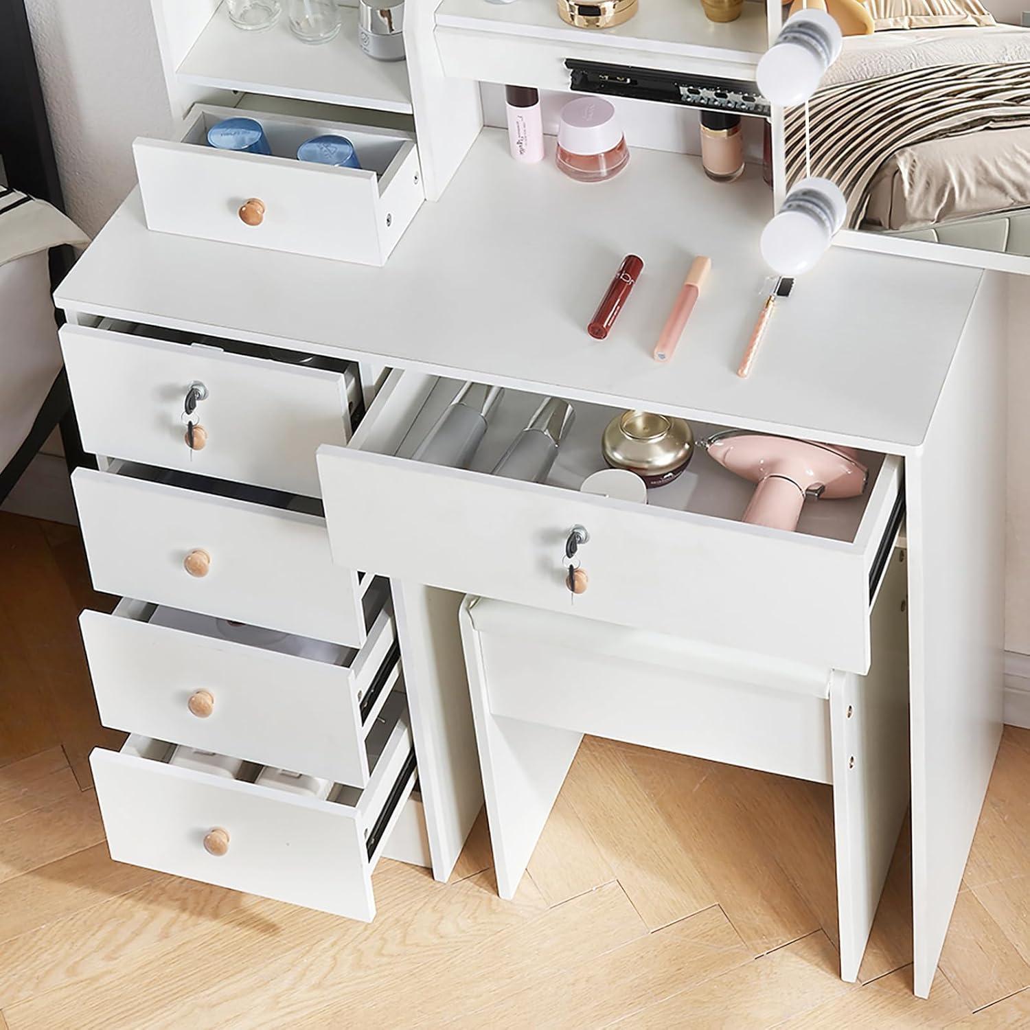 Schminktisch mit LED-Beleuchtung, Hocker und