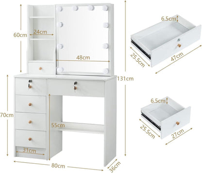 Schminktisch mit Spiegel und Beleuchtung, Frisiertisch Weiß 36x80x131cm