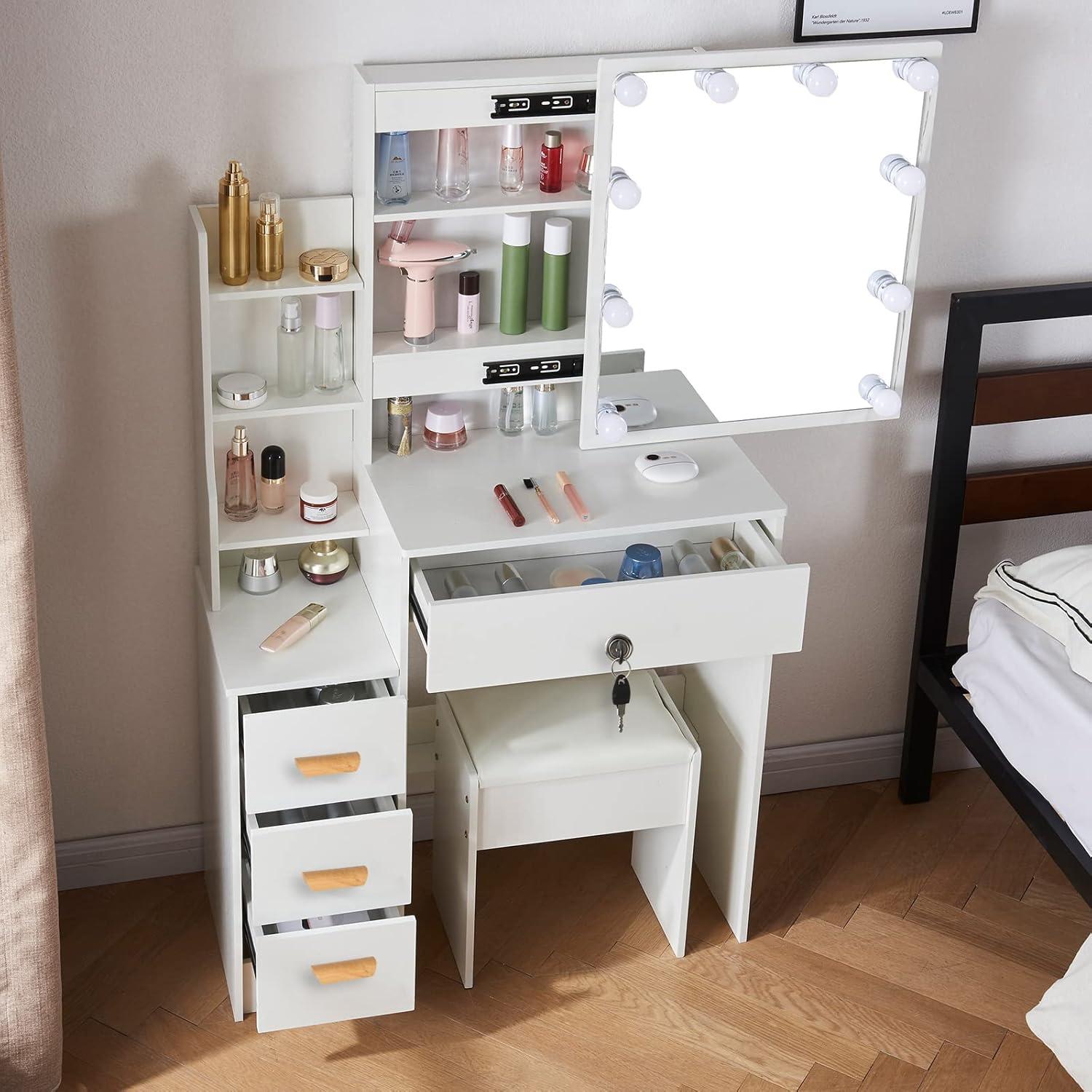 Schminktisch mit LED Beleuchtung, Spiegel, Hocker & 4 Schubladen