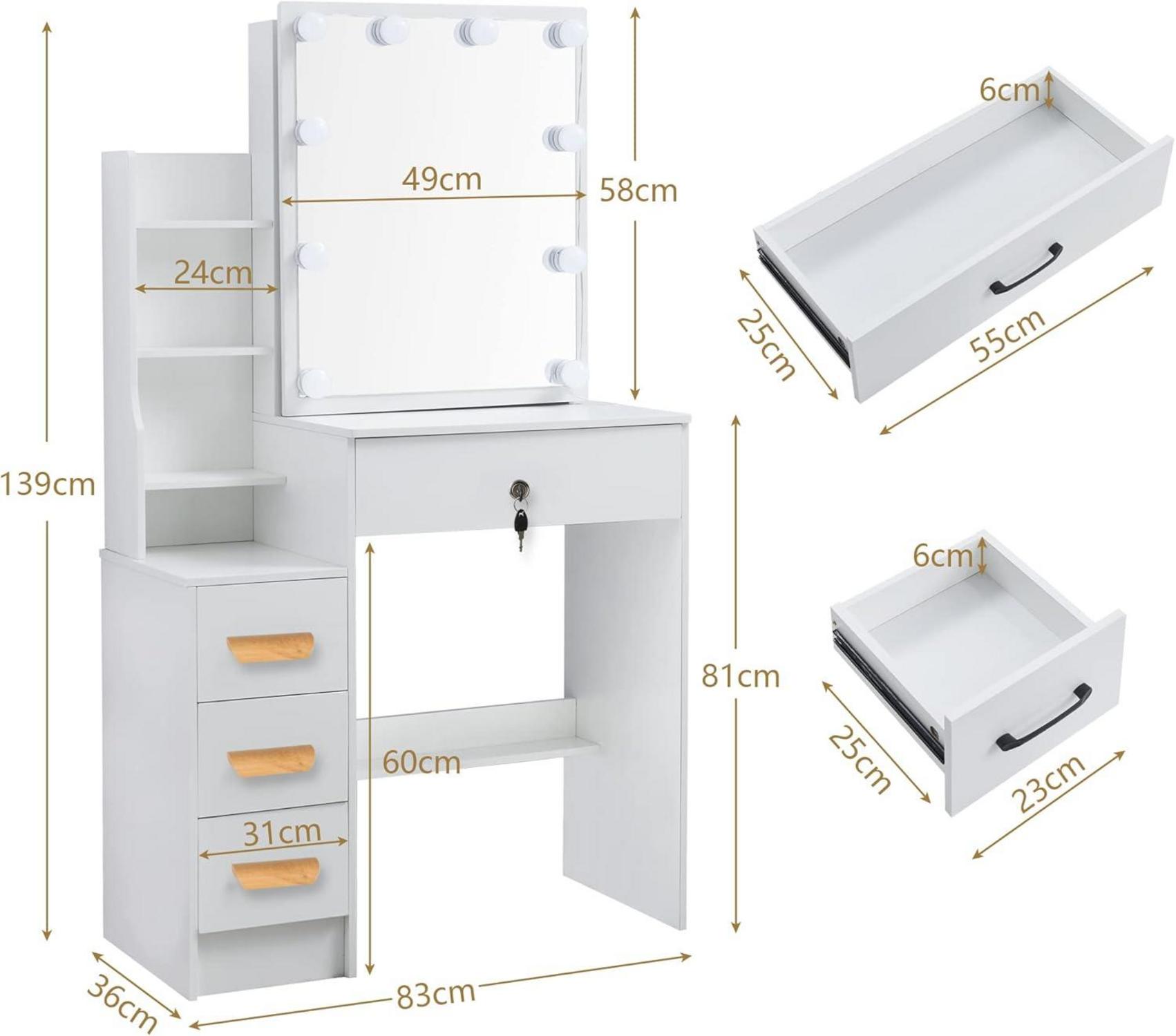 Buildonely Schminktisch LED Beleuchtung 3 Farbtemperaturen 4 Schubladen 1 Hocker