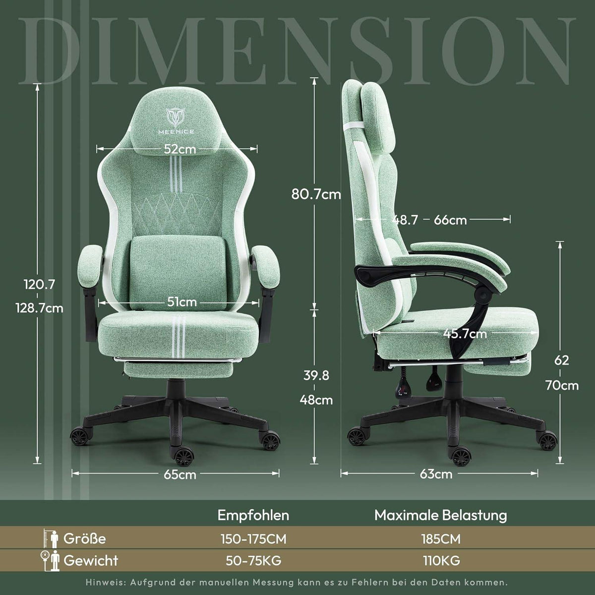 Gaming Stuhl Stoff Taschenfederkissen Kühlung Gel Massage Fußstütze