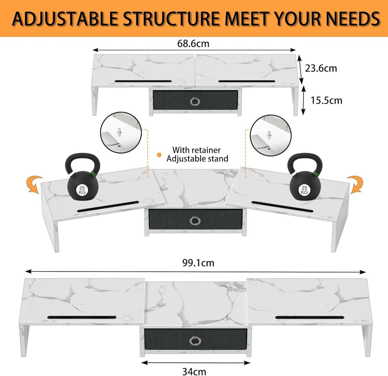 Monitor Ständer mit Schublade│Monitorerhöhung für 2 Monitore│Holz TV PC Stand Weiß 99 x 23,6 x 15,5 cm
