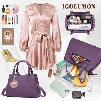 IGOLUMON Damen Handtasche Mittelgroß Leder Henkeltasche Lila