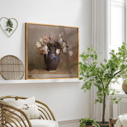 Vintage Rosen in Vase Leinwandbild mit Holzrahmen 50x75 cm