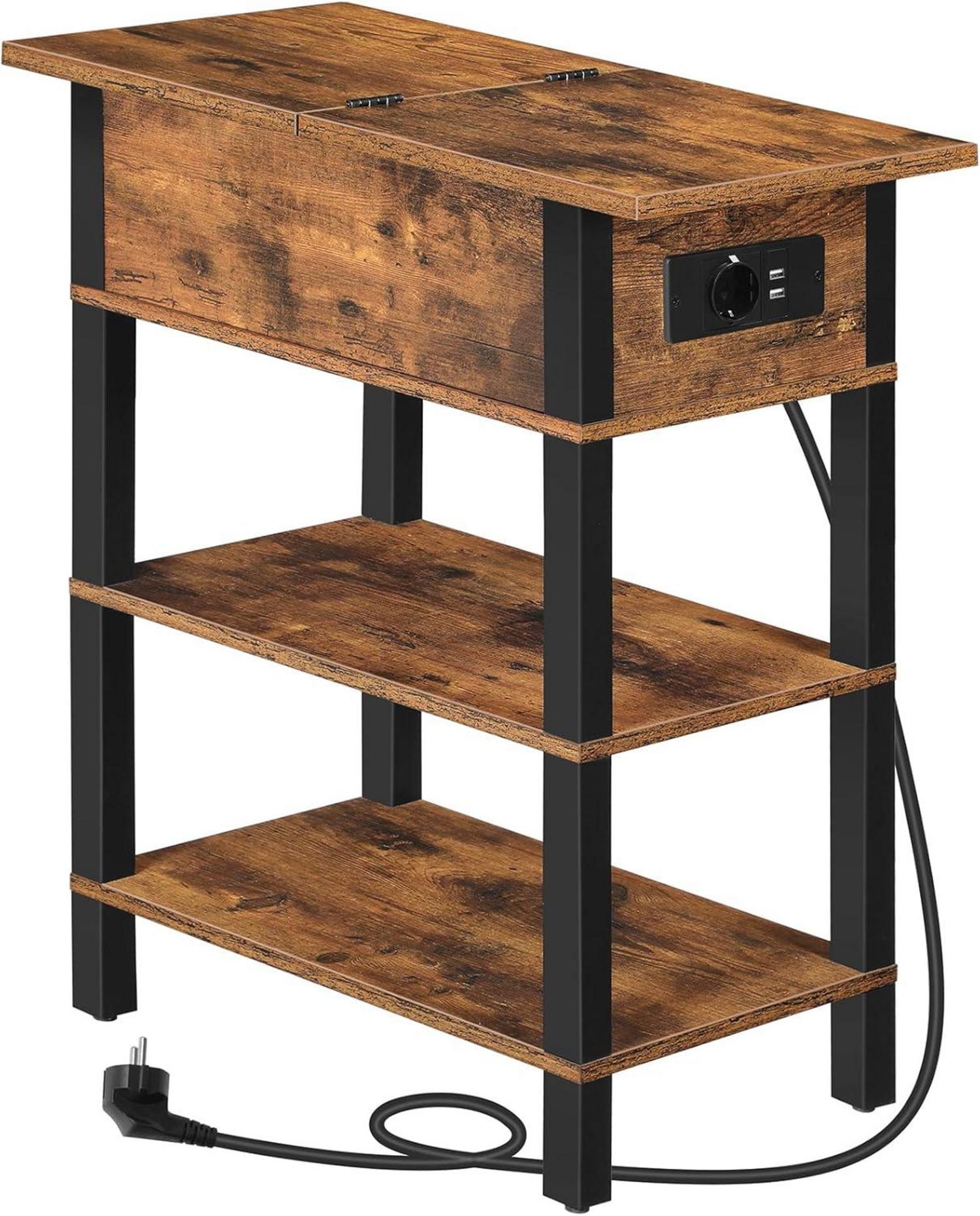 Beistelltisch mit Ladestation, Flip-Top Ablage, Braun/Schwarz