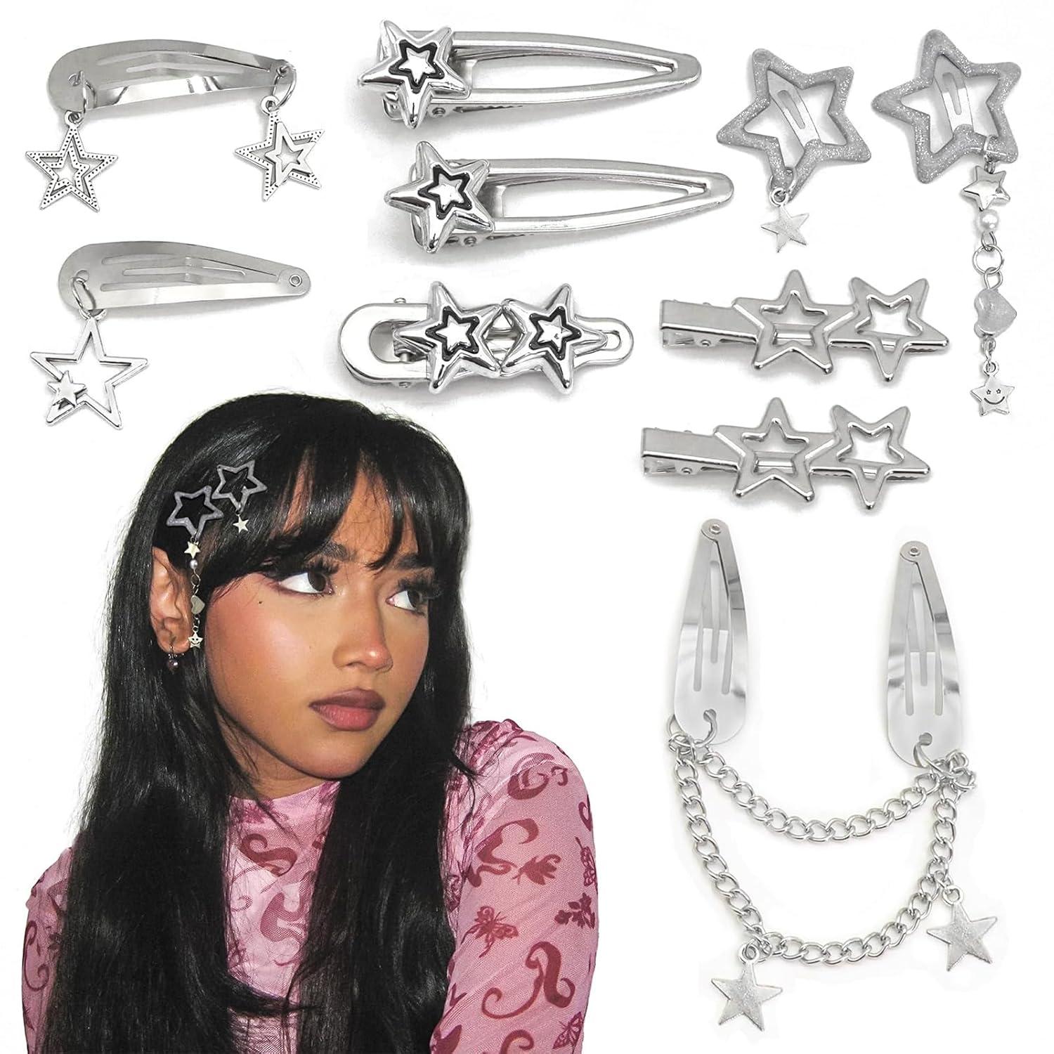 10er Set Silber Haarspangen Y2K Stern Pentagramm Haarklammern