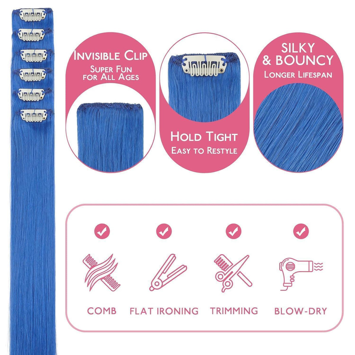 Blaues Clip-In Echthaar 60cm - 30g Remy Haarverlängerung