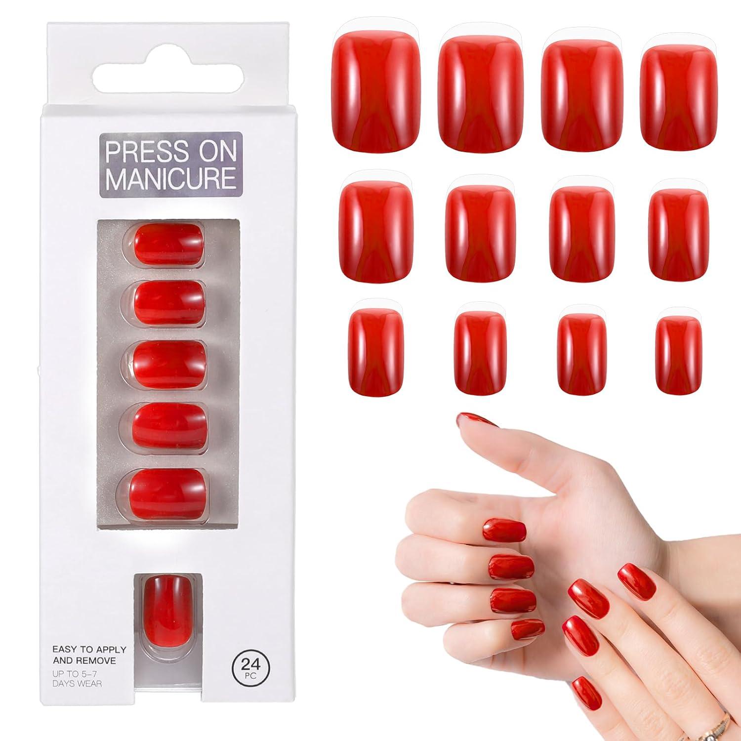 24 Künstliche Nägel zum Aufkleben Glänzend Rot Acryl Französische