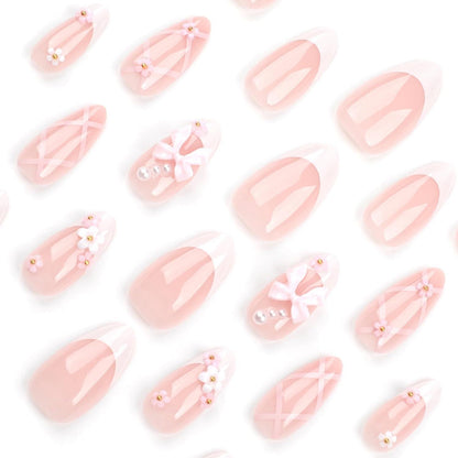 24er Set Medium Almond Fake Nails mit 3D Bow Charms, French Tips