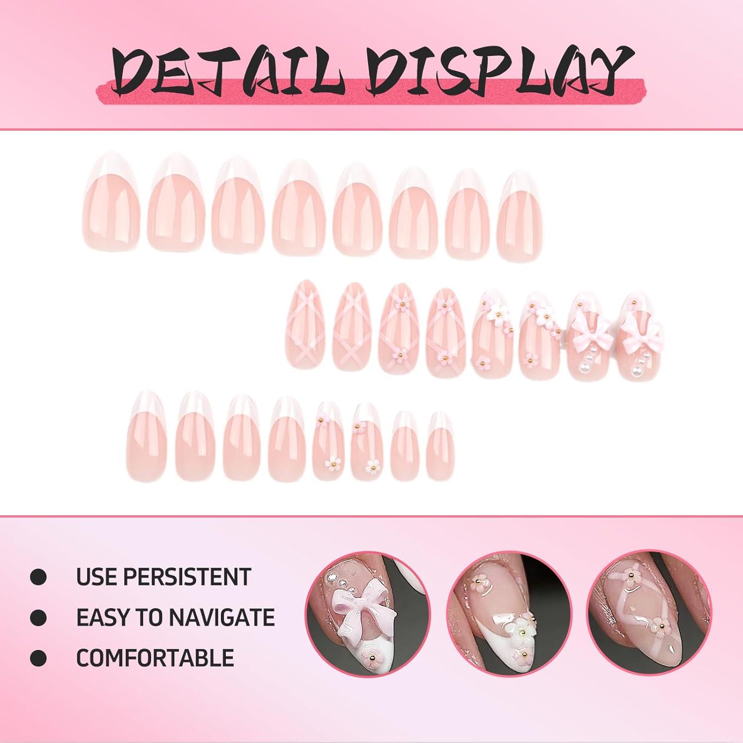24pcs Almond French Tips Fake Nails 3D Bow Charms Acrylic Press Ons