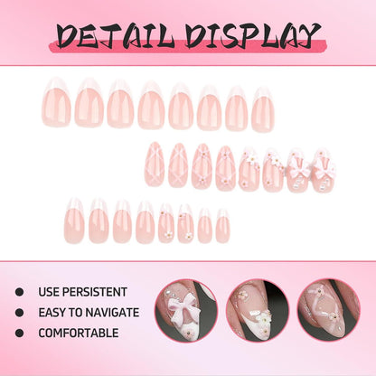 24pcs Almond French Tips Fake Nails 3D Bow Charms Acrylic Press Ons
