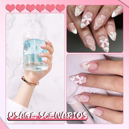 24pcs Almond French Tips Fake Nails 3D Bow Charms Acrylic Press Ons