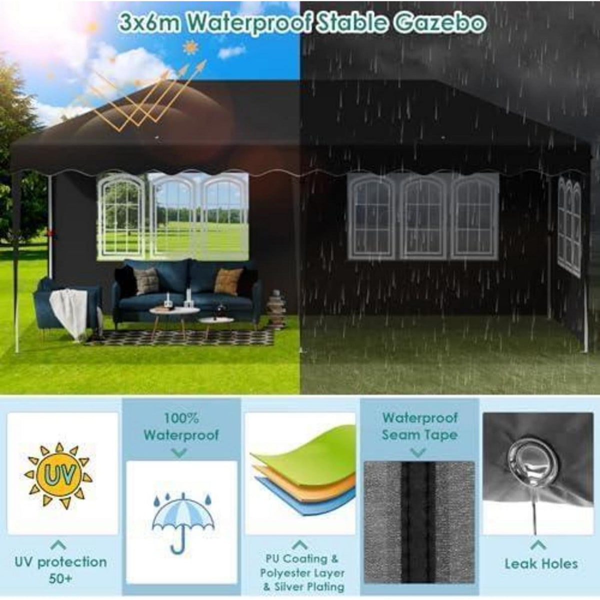 3x6 Faltpavillon wasserdicht – Gartenpavillon mit Seitenteilen