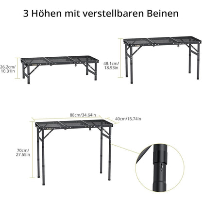 Aluminium Campingtisch klappbar mit 3 Höhen, 88x40cm, Schwarz