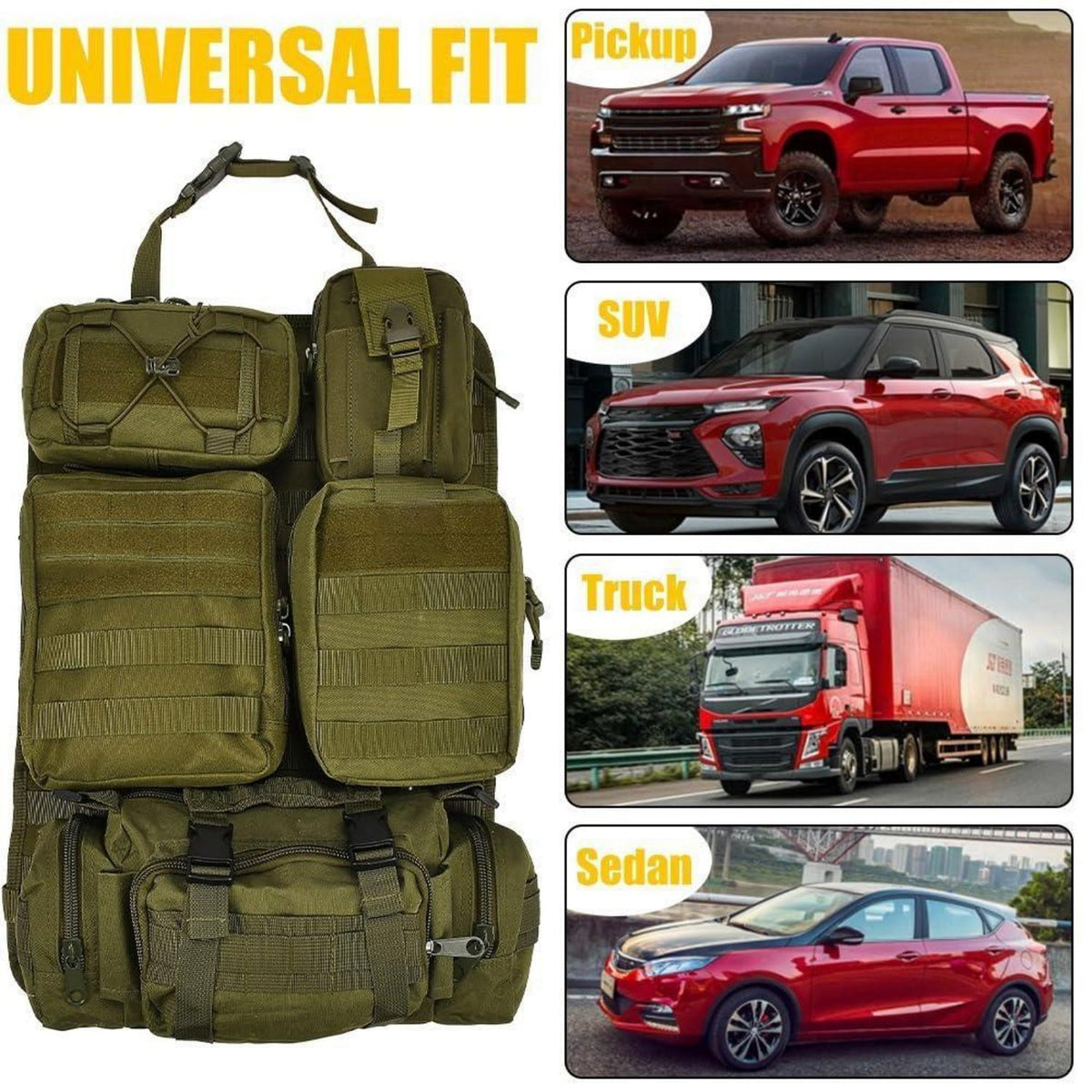 Taktischer Auto-Sitz Organizer mit MOLLE Taschen & Zubehör
