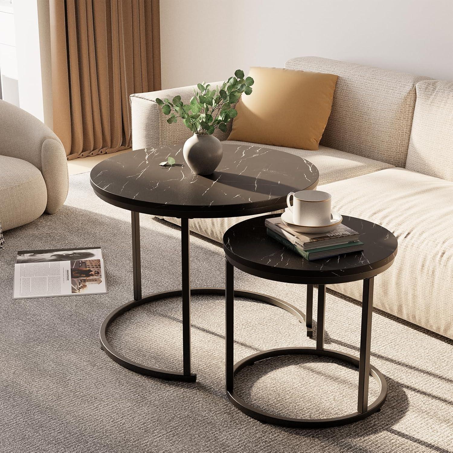 Runder Couchtisch Set Holz Schwarz Marmor 2er Wohnzimmertisch