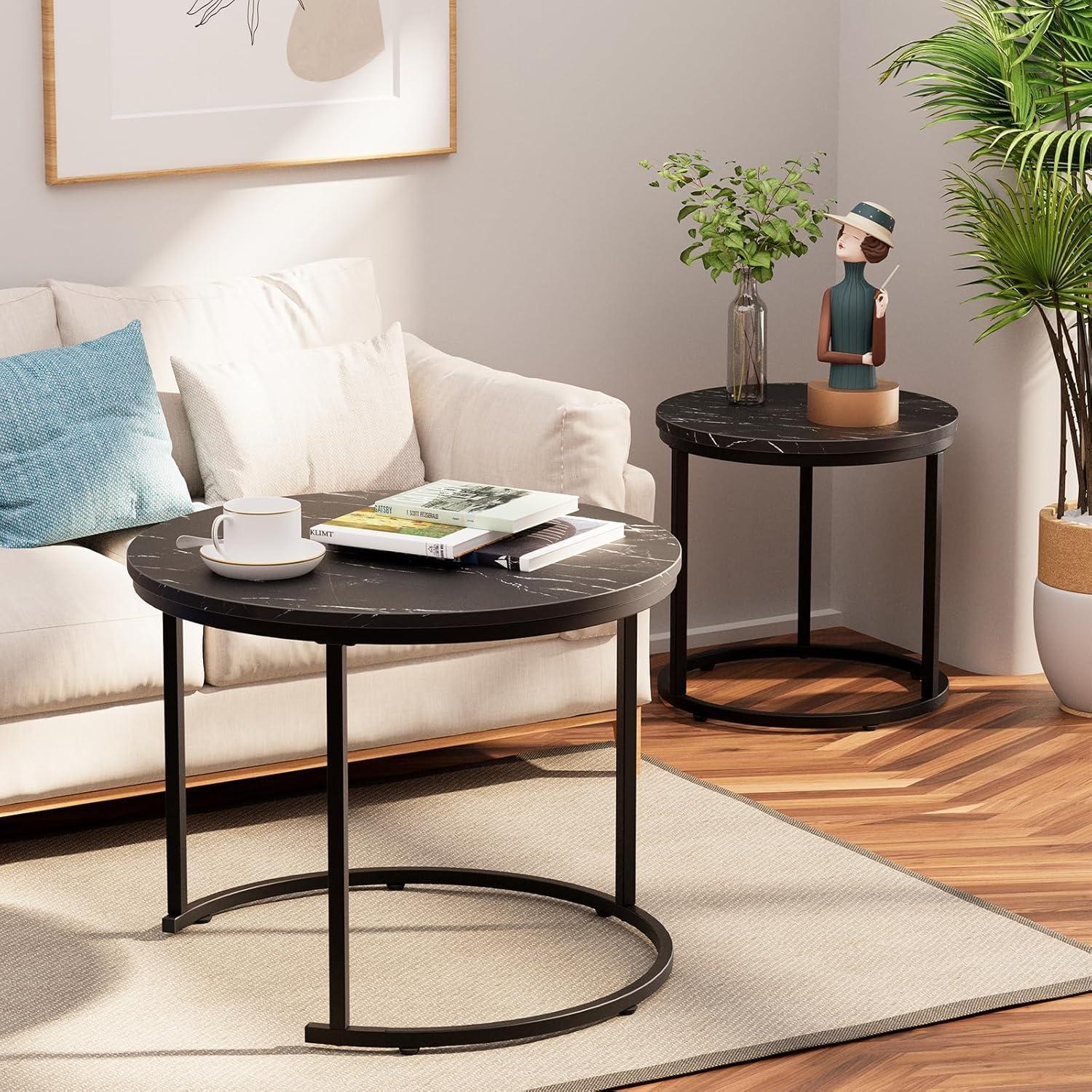 Runder Couchtisch Set Schwarz Metallgestell und Marmorplatte
