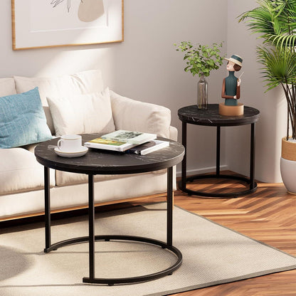 Runder Couchtisch Set Schwarz Metallgestell und Marmorplatte