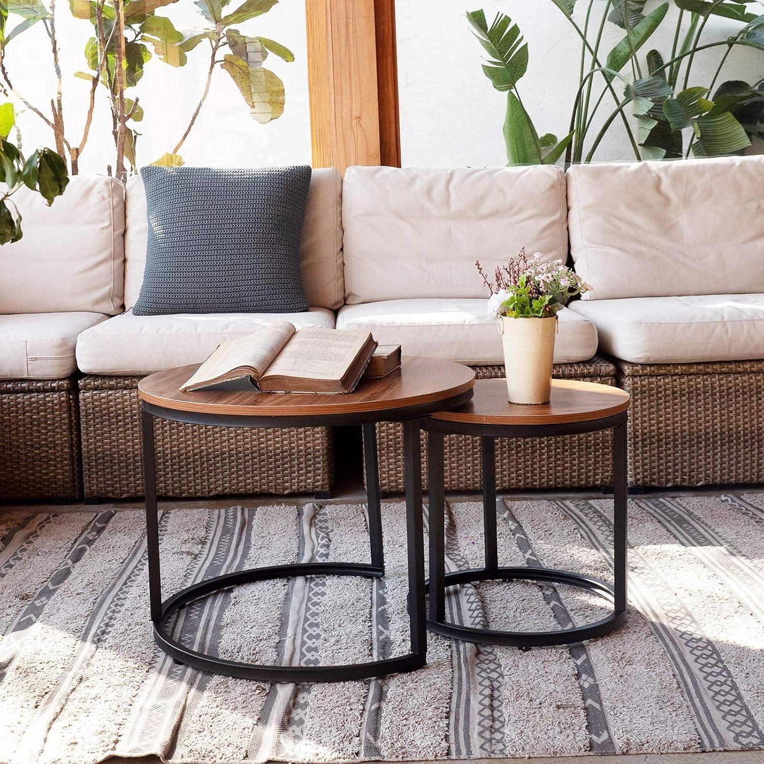 Runder Couchtisch Set aus Holz und Metallgestell, Braun/Schwarz