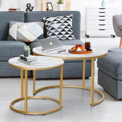 Runder Couchtisch 2er Set Holz Gold Marmor