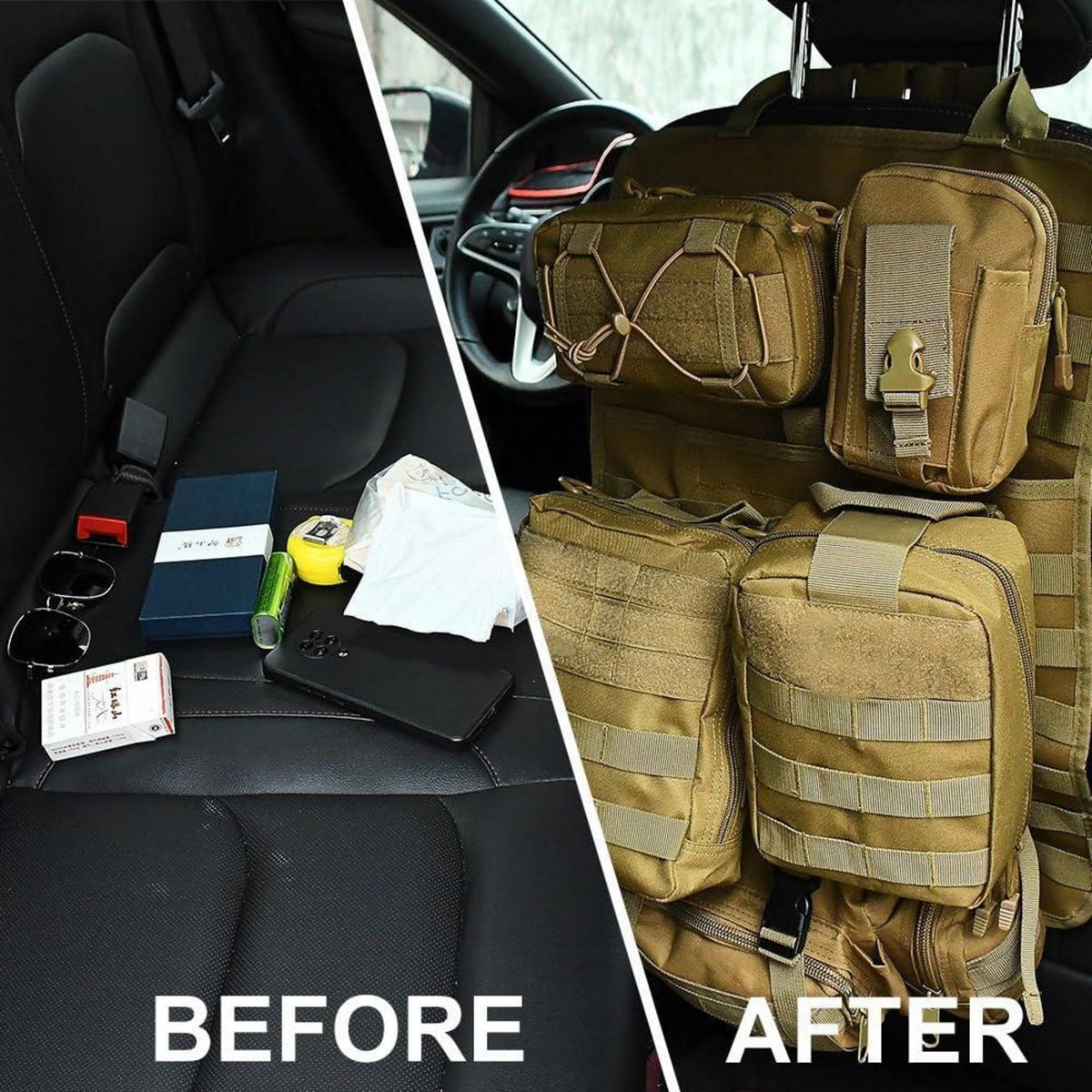 Taktischer Auto-Sitz Organizer mit MOLLE Taschen & Zubehör