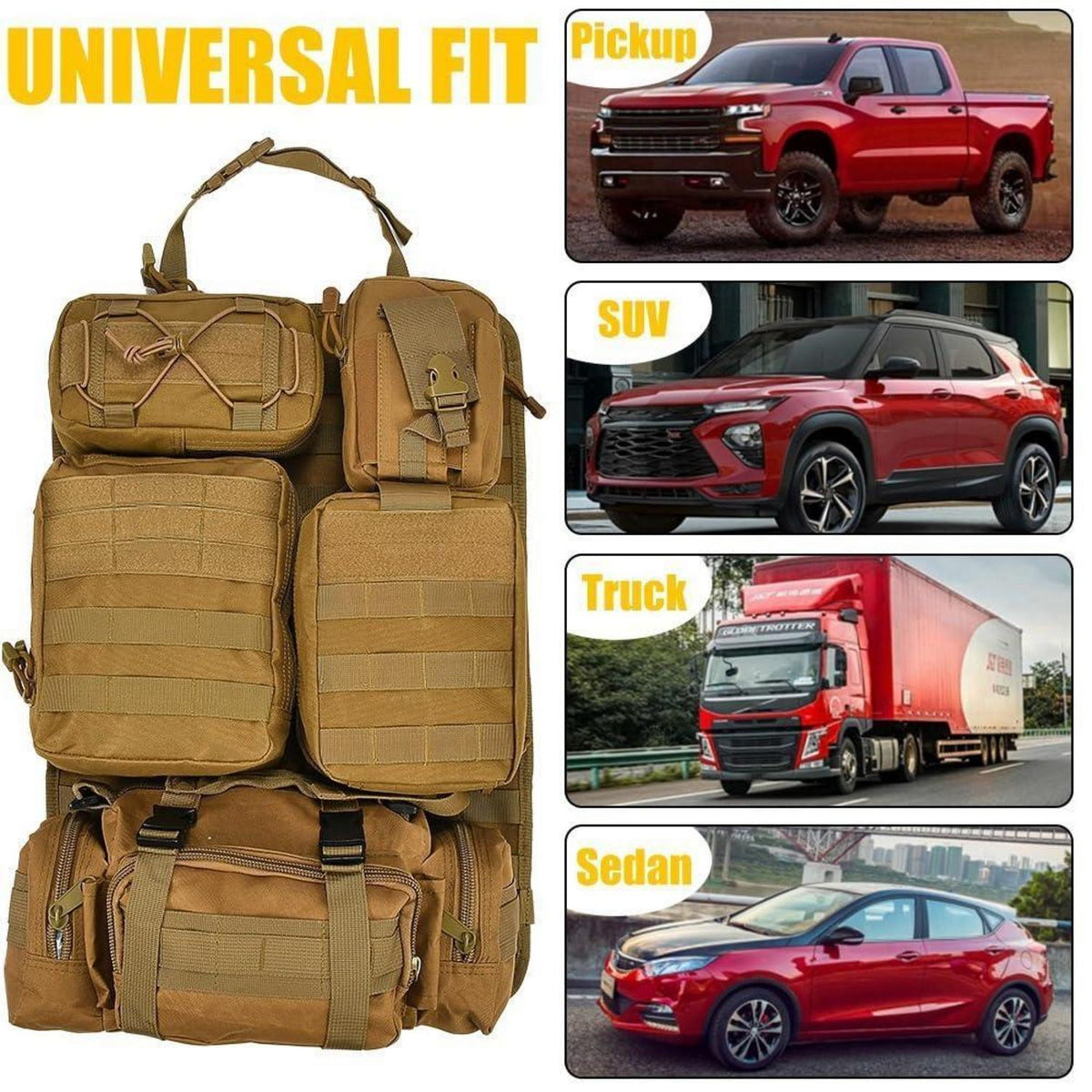Taktischer Auto-Sitz Organizer mit MOLLE Taschen & Zubehör
