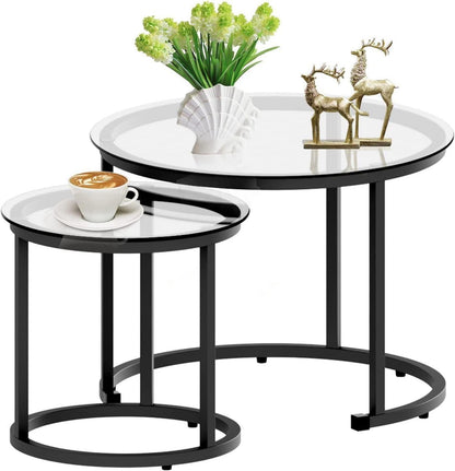 Runder Glas Couchtisch Set Schwarz Metallgestell 2er - Modernes