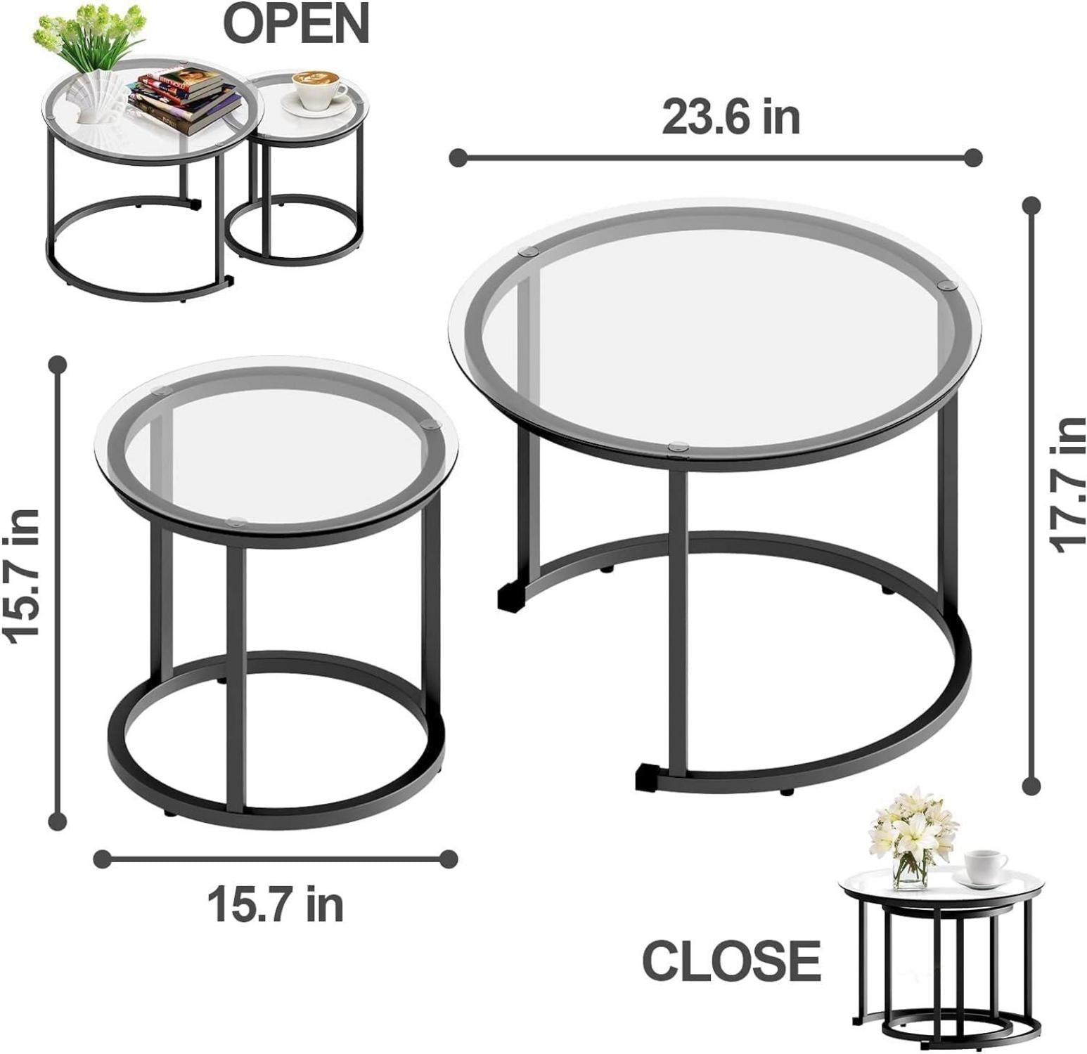 Runder Glas Couchtisch Set Schwarz Metallgestell 2er - Modernes