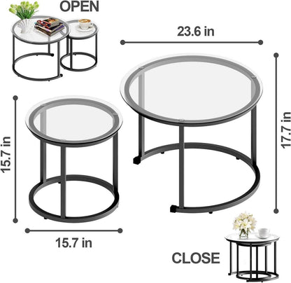 Runder Glas Couchtisch Set Schwarz Metallgestell 2er - Modernes