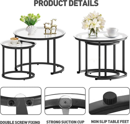 Runder Couchtisch Set Glas Schwarz Metallgestell Sofatisch 2er Set