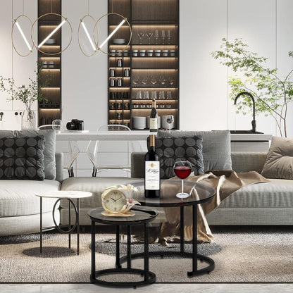 Runder Couchtisch Set Glas Metall Schwarz 2er Wohnzimmer Schlafzimmer Büro