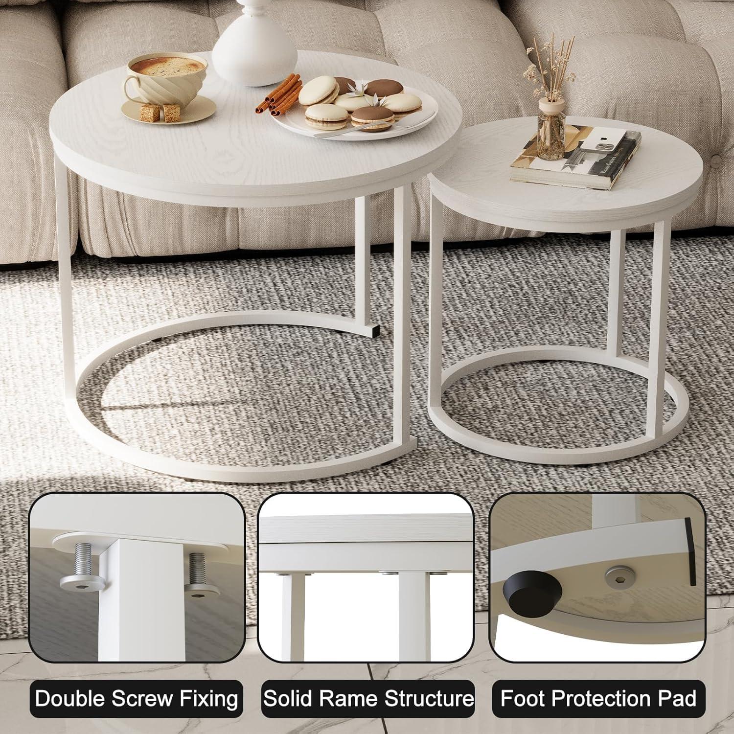 Runde Couchtische Set Holz Weiß Metallgestell Beistelltisch