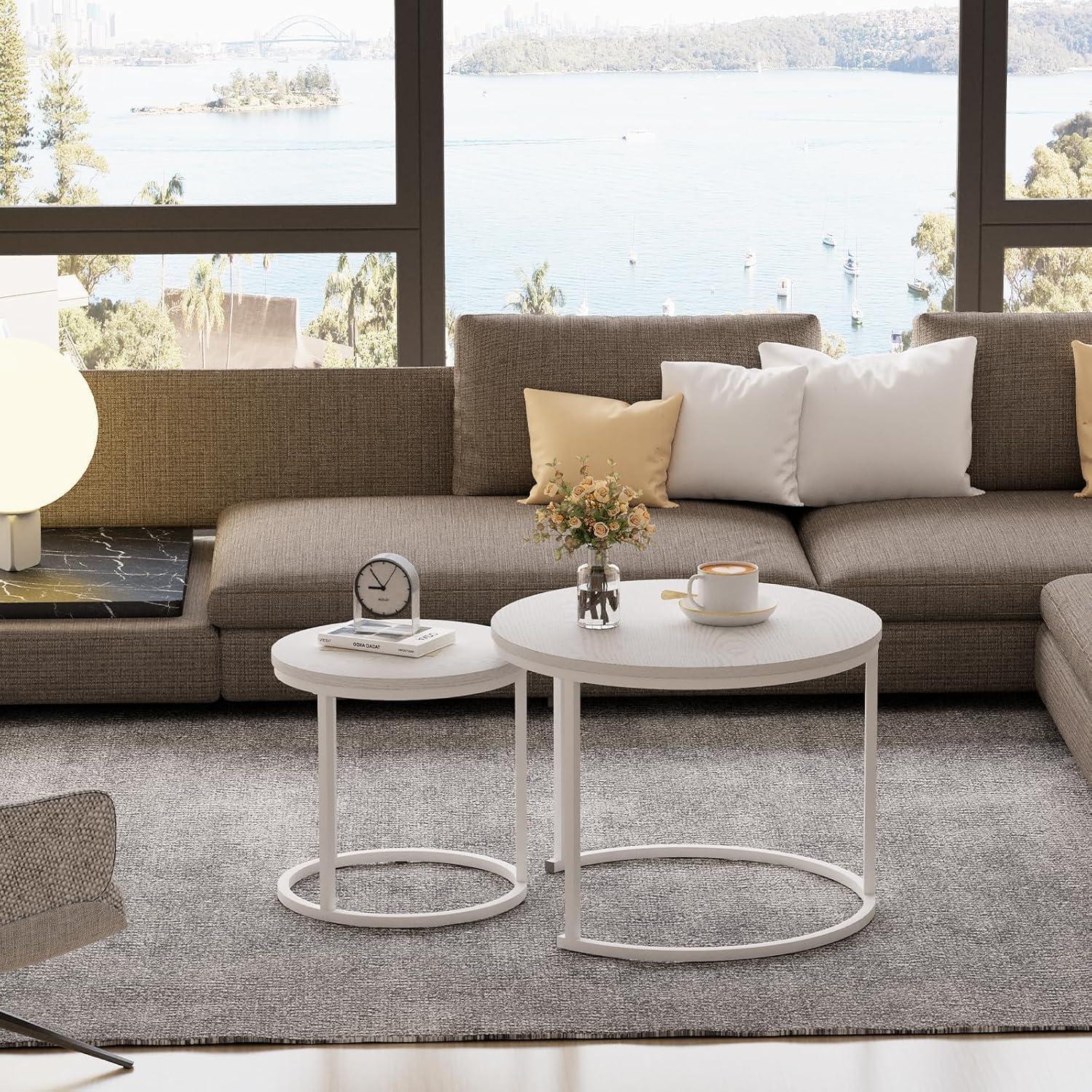 Runder Couchtisch Set Holz Weiß Metallgestell 2er Wohnzimmer