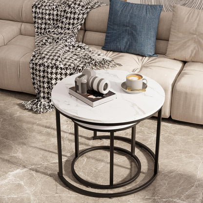 Runde Couchtische Set Schwarz Metall Weiß Marmorplatte