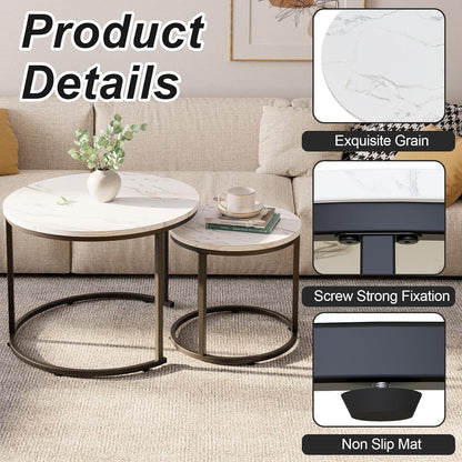 Runder Couchtisch 2er Set Holz Schwarz Metallgestell Marmorplatte