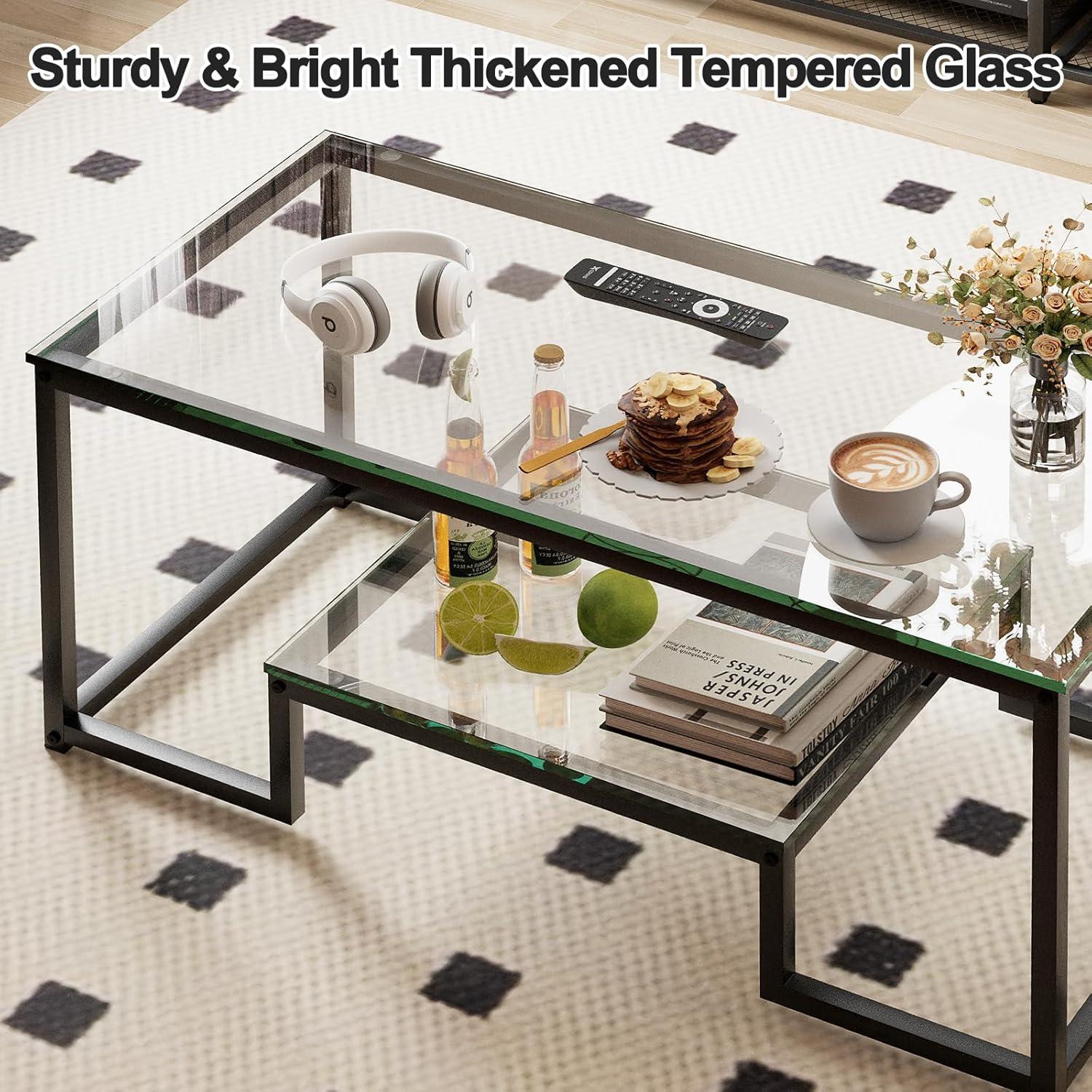 Huhote Couchtisch Glastisch Schwarz 100x48x45cm
